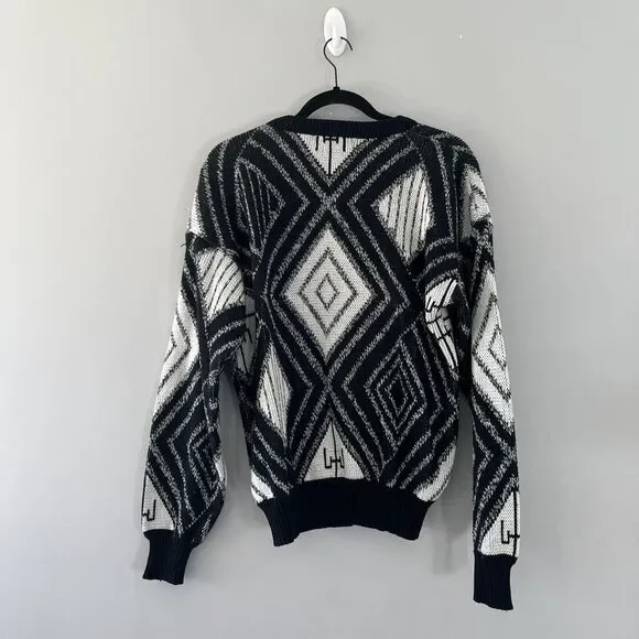 Vintage 80s Impact Diamond Knit Sweater Black White Leather Patch Size Medium - Picture 2 of 6